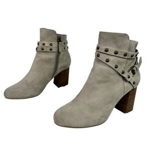 BP. Womens Gray Suede Leather Studded Strap Ankle Boots Block Heel Zip Size 7.5M